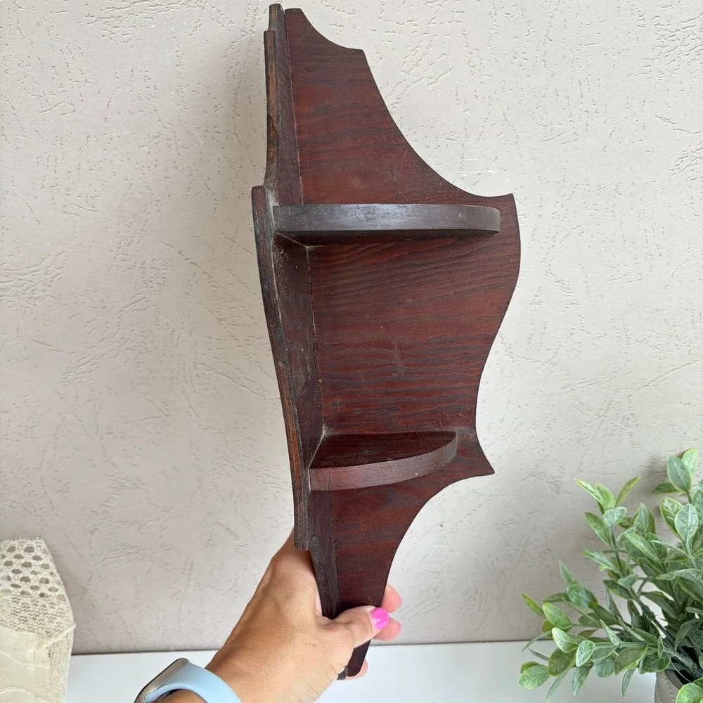 Vintage Wooden Corner Wall Shelf 2 Tier Scalloped Dark Wood Display 15.5in
